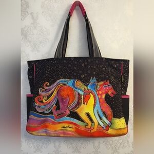 Laurel Burch Large Canvas Shoulder Tote Bag -  Caballos de Colores Design